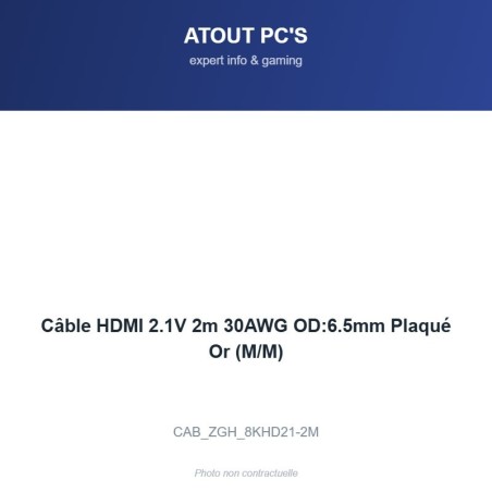 Câble HDMI 2.1V 2m 30AWG OD:6.5mm Plaqué Or (M/M)