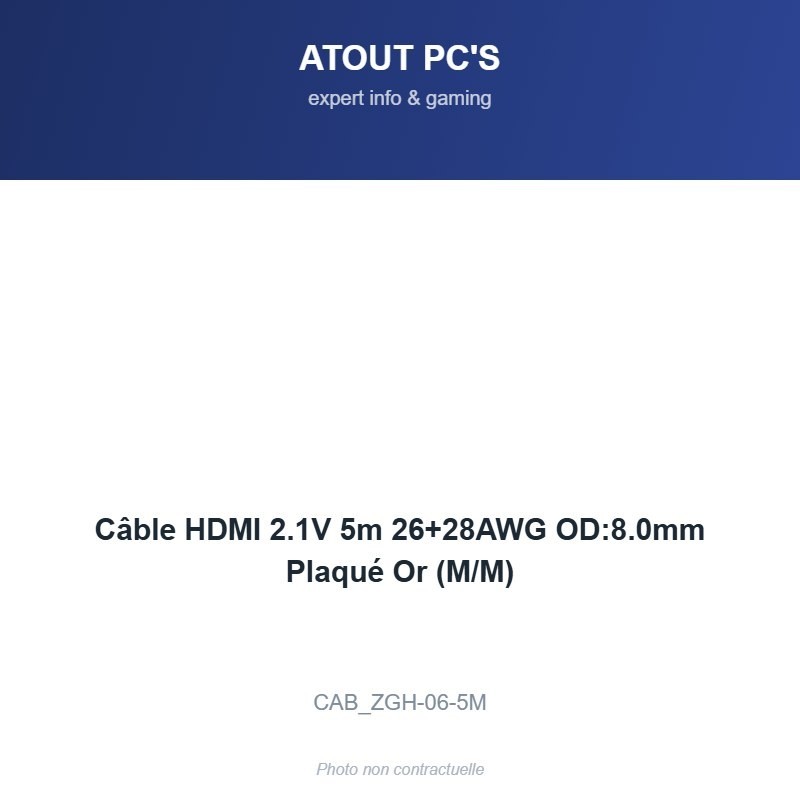 Câble HDMI 2.1V 5m 26+28AWG OD:8.0mm Plaqué Or (M/M)
