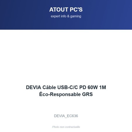 DEVIA Câble USB-C/C PD 60W 1M Éco-Responsable GRS