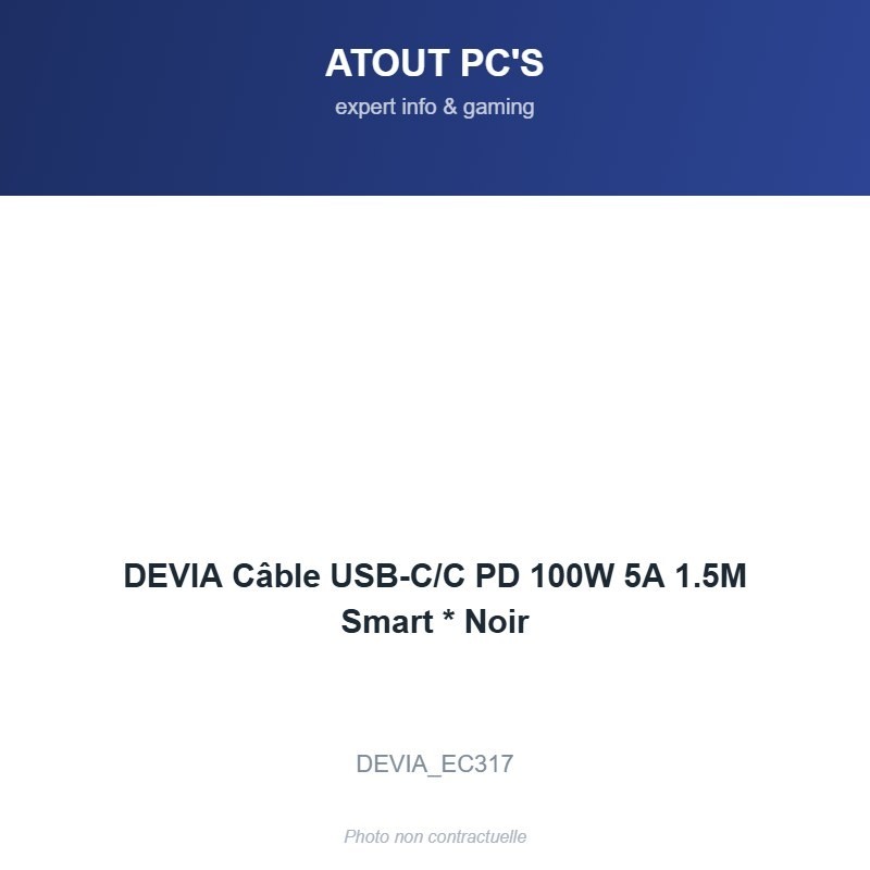DEVIA Câble USB-C/C PD 100W 5A 1.5M Smart * Noir