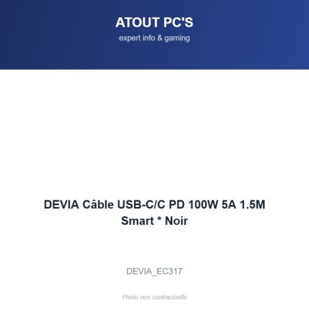 DEVIA Câble USB-C/C PD 100W 5A 1.5M Smart * Noir