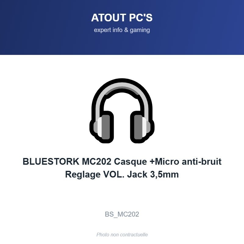 BLUESTORK MC202 Casque +Micro anti-bruit Reglage VOL. Jack 3,5mm