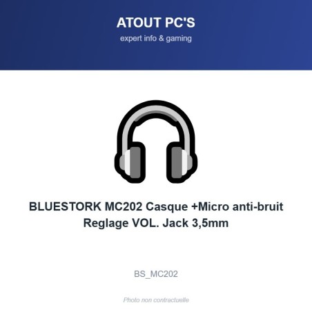 BLUESTORK MC202 Casque +Micro anti-bruit Reglage VOL. Jack 3,5mm