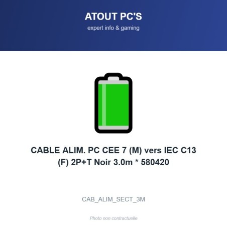 CABLE ALIM. PC CEE 7 (M) vers IEC C13 (F) 2P+T Noir 3.0m * 580420