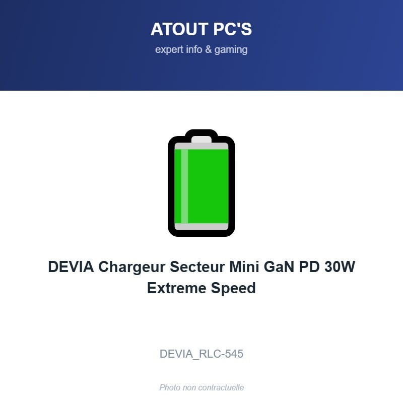 DEVIA Chargeur Secteur Mini GaN PD 30W Extreme Speed