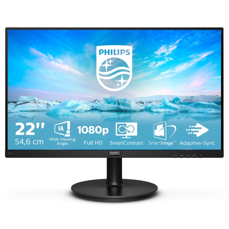 Écran PHILIPS 21.5" 1920 x 1080, Dalle VA, Luminosité : 200 cd/m² 4000:1, 4 ms, HDMI / VGA, Haut-parleurs, Noi